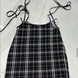 Knot Shoulder Split Hem Plaid Overall Dress
